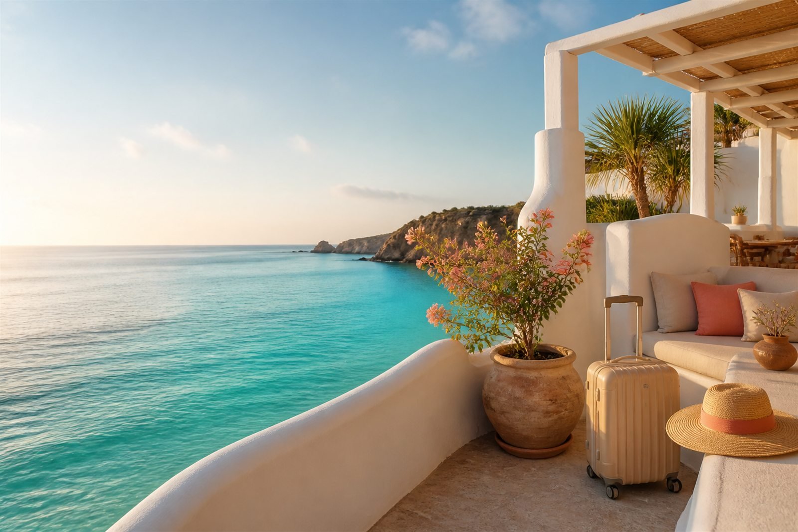 Sunlit coastal hotel terrace overlooking a turquoise sea